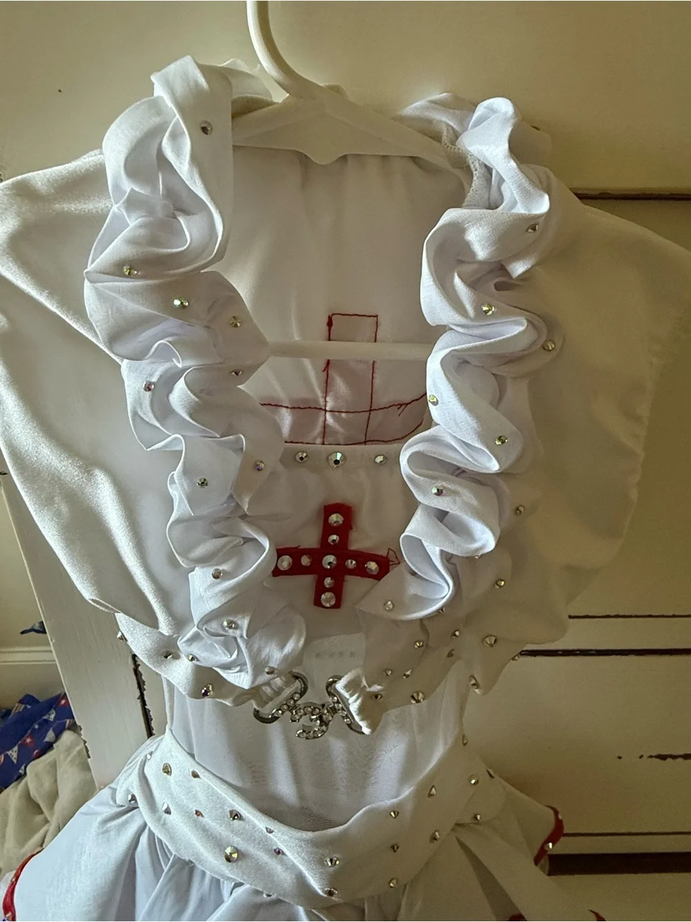 White & Red Kids Nurse Costume Dress with AB crystal rhinestones.